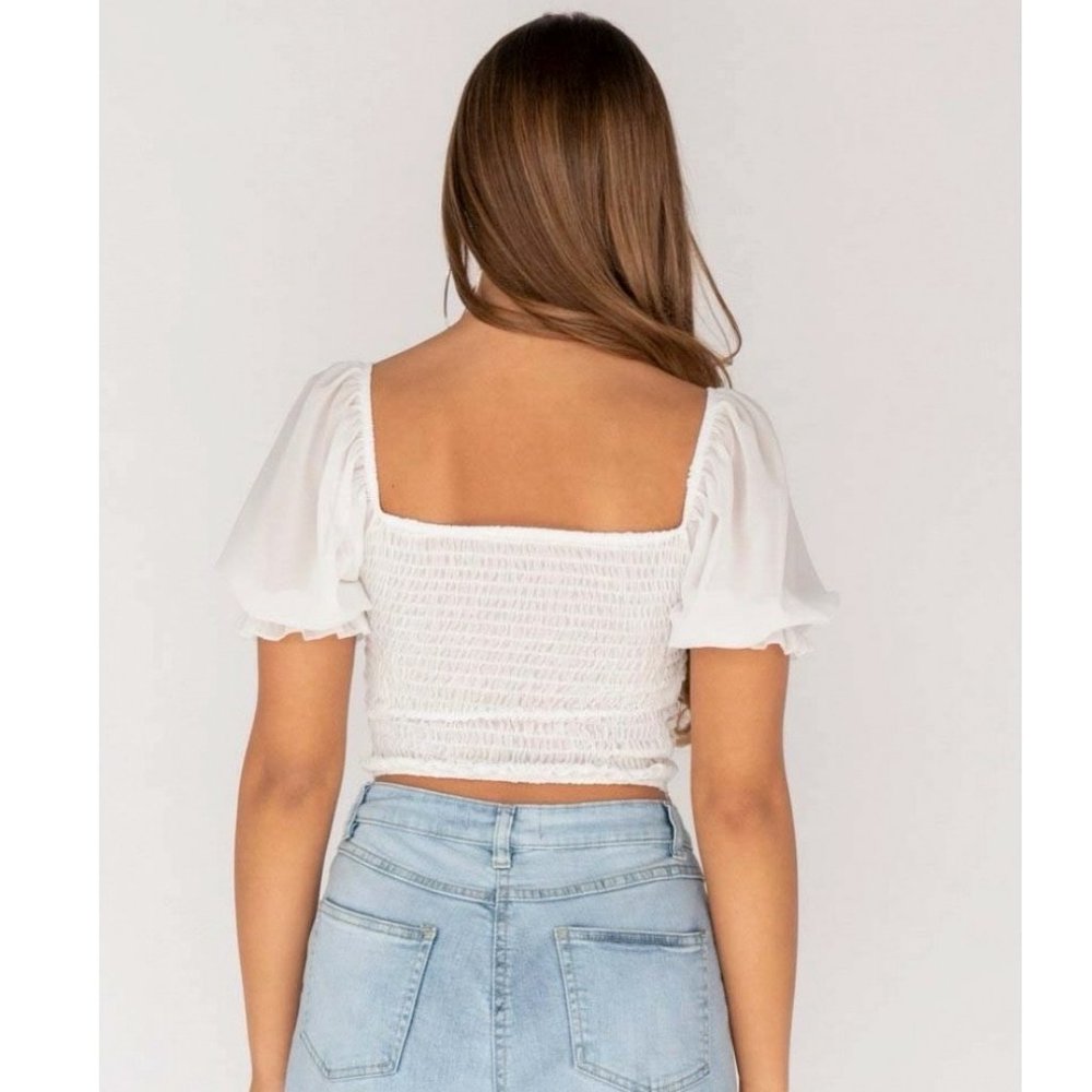 White Short Sleeve Ruched Smocked Crop Top - Picture 7 of 9